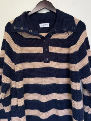 CARLY JEAN Los Angeles Blue Tan Stripe Collar Button Sweater Medium/Large thumbnail 2