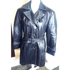 vintage 70s Flamingo Vina-Hide faux leather trench coat Brown Go-go fur‎ lined M thumbnail 2