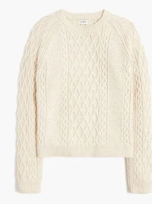 J. Crew Factory Cream Cable Knit Raglan Crewneck Sweater XS Cropped Preppy Cozy thumbnail 1