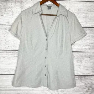 Ann Taylor Gray & White Cotton Seersucker Button-Up Career Blouse Top Size 14 thumbnail 2