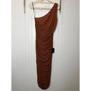 NWT Lulus Kiden Brown Mesh Ruched One-Shoulder Midi Dress Party Neutral Size XS thumbnail 2