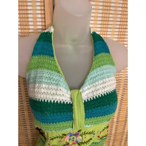 Boho Chic green crochet floral embroider halter cotton dress high low skirt sz S thumbnail 6