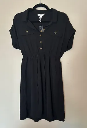 Lucky Brand Black Collared Short Sleeve Drawstring Mini Dress thumbnail 1
