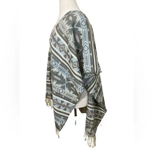Free people Blue & Gray Western Boho Hippie Acrylic Pull Over Fringe poncho thumbnail 4