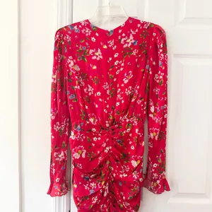Sau Lee Red Floral Print Ruched Skirt Long Sleeve Fitted Sheath Mini Dress 2 thumbnail 6