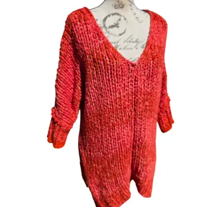 Free People Chunky‎ Knit Tunic Sweater Orange Red Marled V-Neck Oversized Small thumbnail 2