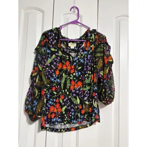 Maeve Anthropologie Blouse Floral Ruffle‎ Black Sheer Sleeve S Boho Cottagecore thumbnail 2