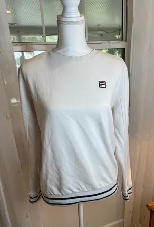 Fila White Crewneck Sweater with Navy Trim and Small Logo thumbnail 1