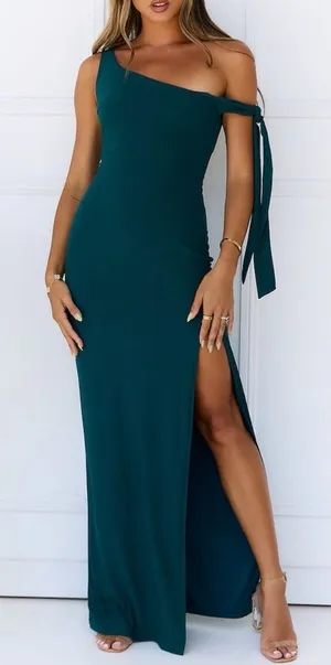 NWT Hello Molly Fashion Standard One-Shoulder Maxi Dress Emerald Green Size 10 thumbnail 1