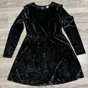 Mossimo Supply Black Velvet Crushed Long Sleeve Ruffle Trim Whimsigoth Dress L‎ thumbnail 9