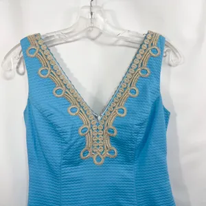 Lilly Pulitzer Size 00 Sheath Dress‎ Sleeveless Textured Gold Trim Blue 797 thumbnail 6