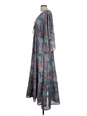 L Boemo Women’s Blue Paisley Animal Tiered Bohemian Maxi Dress Smocked Waist thumbnail 7