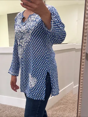 Mul cotton Blue and White Embroidered V-Neck Tunic Top kurti top thumbnail 2