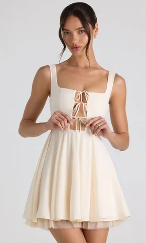 OH POLLY Nanisca Ivory Tie-Detail A-Line Micro Mini Dress Sz 10 thumbnail 1