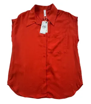 Mango MNG Orange Red Lyocell Sleeveless Shirt Womens XS Collar Button Pocket NWT thumbnail 1