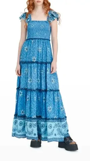 Love The Label Blue Floral Gaya Flutter Sleeve Cotton Tiered Maxi Dress Sz.M thumbnail 1