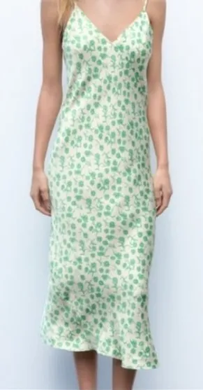 Zara slip dress midi satin spaghetti strap green floral medium thumbnail 1