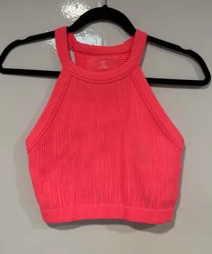 Ribbed Aerie High-Neck Crop Tank Top - Neon Pink thumbnail 1