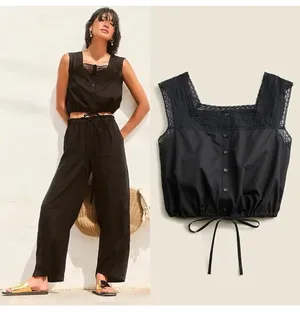 J.Crew Black Lace Trim Cropped Drawstring Top thumbnail 2