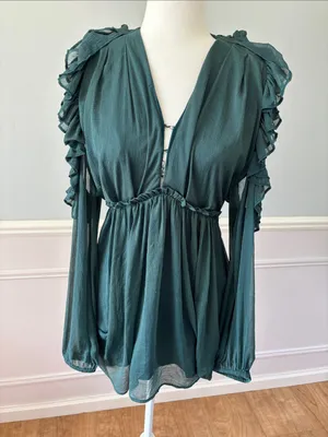 Free People Whimsy Fairycore Teal Green Ruffle Cold Shoulder Mini Dress | Sz 2 thumbnail 3