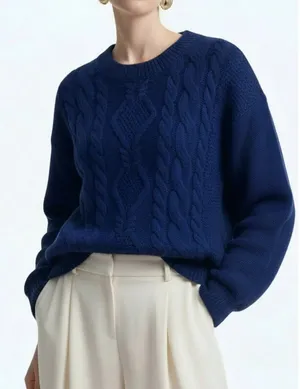 Navy Cable Knit Crewneck Sweater thumbnail 1