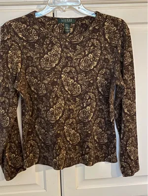 Lauren Ralph Lauren Petite Brown Paisley Cotton Long Sleeve Top P/L thumbnail 1