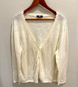 Frye Women's 100% Cotton Ivory Pointelle Button Down Lightweight Cardigan thumbnail 1