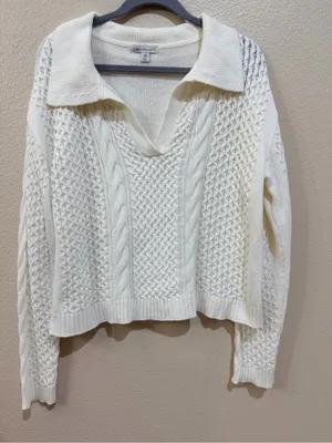 CATO Fashions Cream Cable Knit Polo Sweater Top Womens Medium Open V-Neck NWOT thumbnail 1