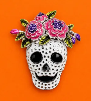 Halloween Skull with Wreath Enamel Brooch Pink thumbnail 1