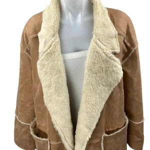 HYFVE Brown Suede Leather Faux Shearling Open Front Trench Overcoat Jacket Sz M thumbnail 3
