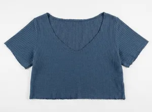 🖼️ SHEIN Dusty Blue V-Neck Cropped Waffle Knit Relaxed Fit Tee thumbnail 1
