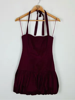NWT Edikted Bryn Bubble Skirt Mini Dress Burgundy Halter Drop Waist. Small thumbnail 4