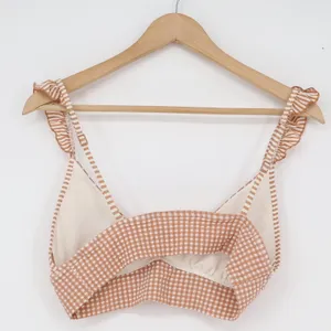 Aerie Tan Gingham Ruffle Triangle Bikini Top Medium Seersucker V-Neck Swim thumbnail 5
