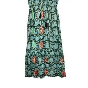 Lukap Paris Floral Cotton Maxi Dress Green Blue Smocked Puff Sleeve S/M Boho‎ thumbnail 5
