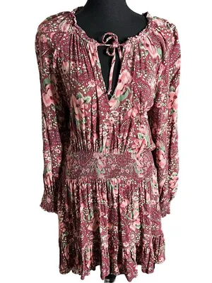 Aerie Floral Printed Long Sleeve Mini Dress Medium Women’s Pink 1172 thumbnail 2