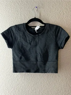Aerie OFFLINE S True Black Seamless Ribbed Cropped Tee Gym Athleisure Top Lounge thumbnail 5
