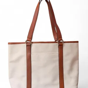 Michael Kors Jet Set Ivory Canvas Brown Leather Trim Tote Bag MK Charm thumbnail 2