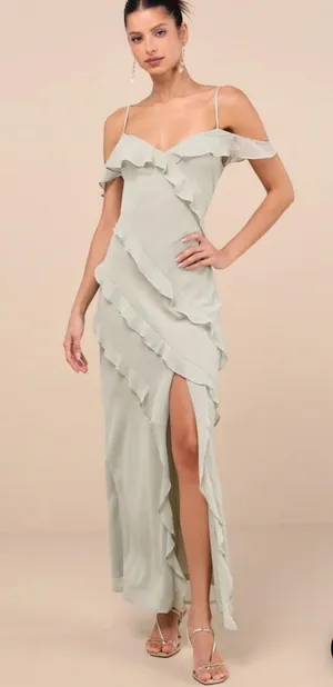 Lulus Elara light sage ruffled maxi dress thumbnail 1