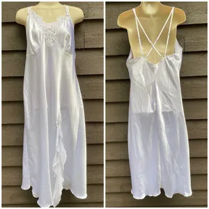 Vtg White Satin Lace Maxi Slip Dress L Bridal Nightgown Beaded Deadstock NWT thumbnail 2