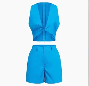 Blue 2 Piece Twist Crop Top & High-Waist Shorts Set Large NWT thumbnail 2
