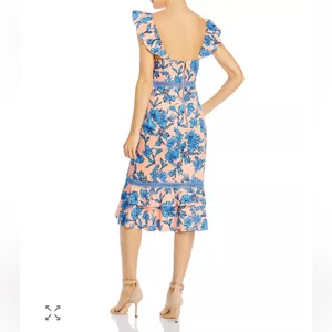 Alice + Olivia Jade Ruffled Floral Midi Dress Coral Blue Lace‎ Illusion Size 12 thumbnail 5