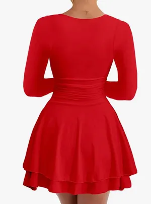 Red square neck ruffle hem mini dress Size L thumbnail 2