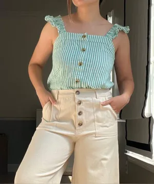 J. Crew Green Striped Linen Button Front Ruffle Top Small thumbnail 1