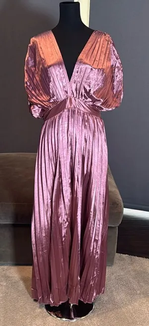 Women’s Lightweight Pleated Satin Midi Dress V-Neck Short Sleeve Size L thumbnail 1