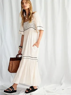 Free People Boho White Embroidered Maxi Dress thumbnail 2
