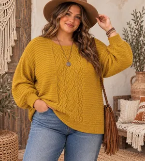 Mossimo Cable Knit Womens Sweater Sz XXL Mustard Boho Rustic Cottage Lagenlook thumbnail 1