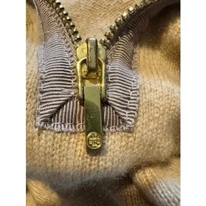 TORY BURCH Cashmere Quarter Zip Sweater S Tan‎ Gold Logo Pull Luxury Knit thumbnail 8