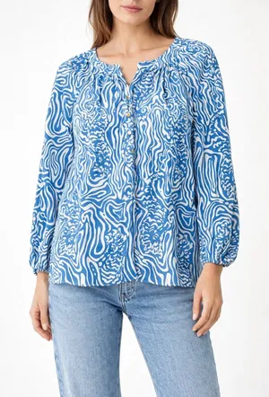 Lilly Pulitzer Camille Blouse Silk Night Swimming Blue White Print Womens Large thumbnail 1