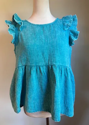 Zenana Boho Turquoise Blue Cotton cottage Y2K fairy‎ dainty Ruffle Babydoll Peplum Top thumbnail 1