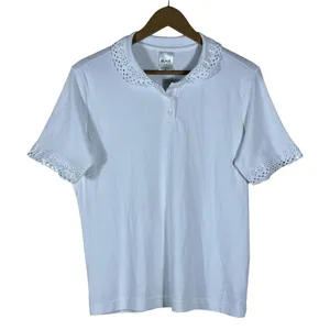 Blair Eyelet Lace Trim Solid Polo Shirt White Cottagecore Coquette Size M thumbnail 1